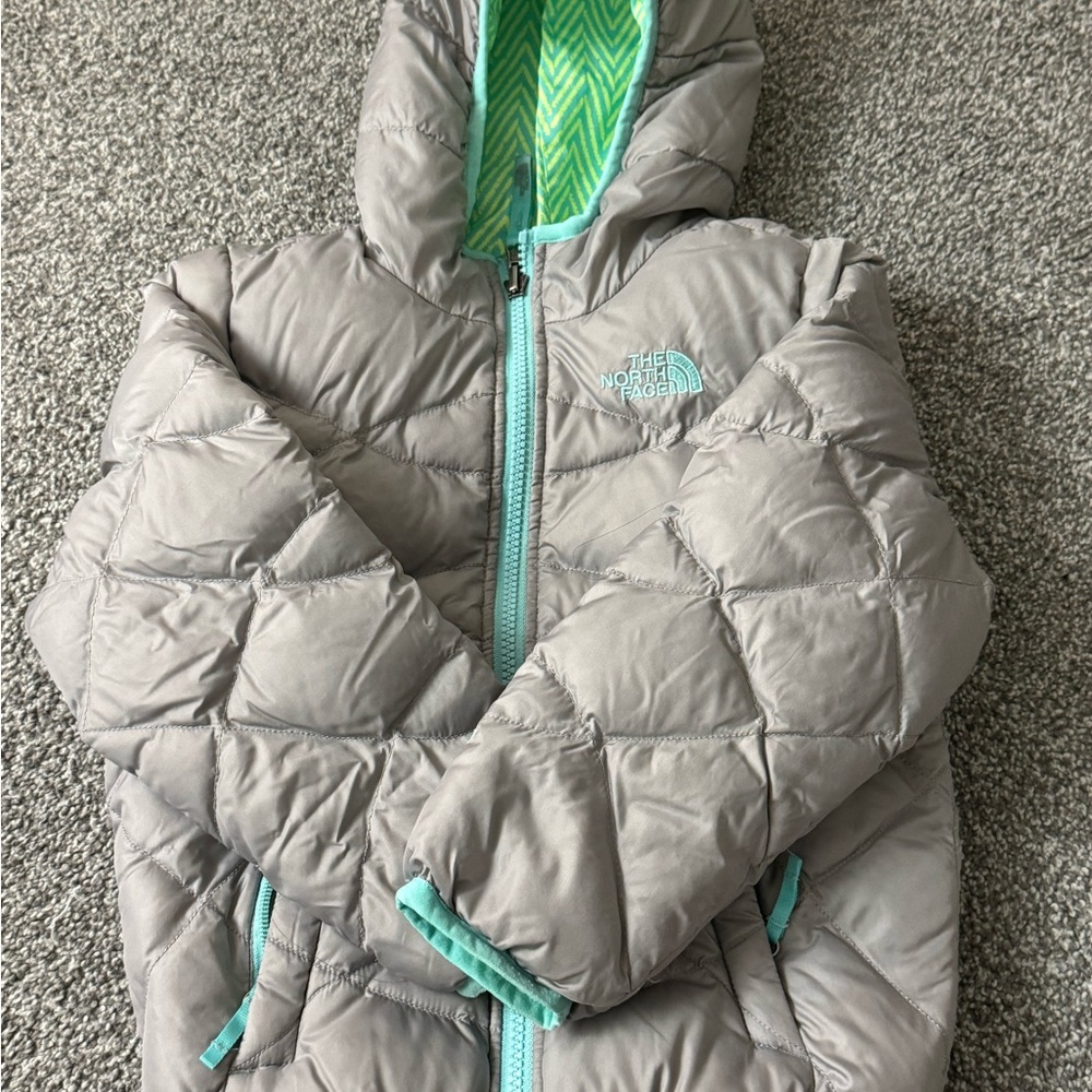 The North Face Gray Puffer Jacket with Teal Zipper